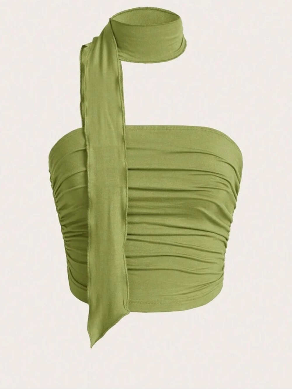 Lime Green Strapless Ruched Crop Top with Neck Tie